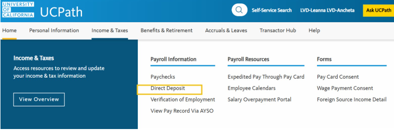 Screenshot of UCPath Dashboard Direct Deposit 